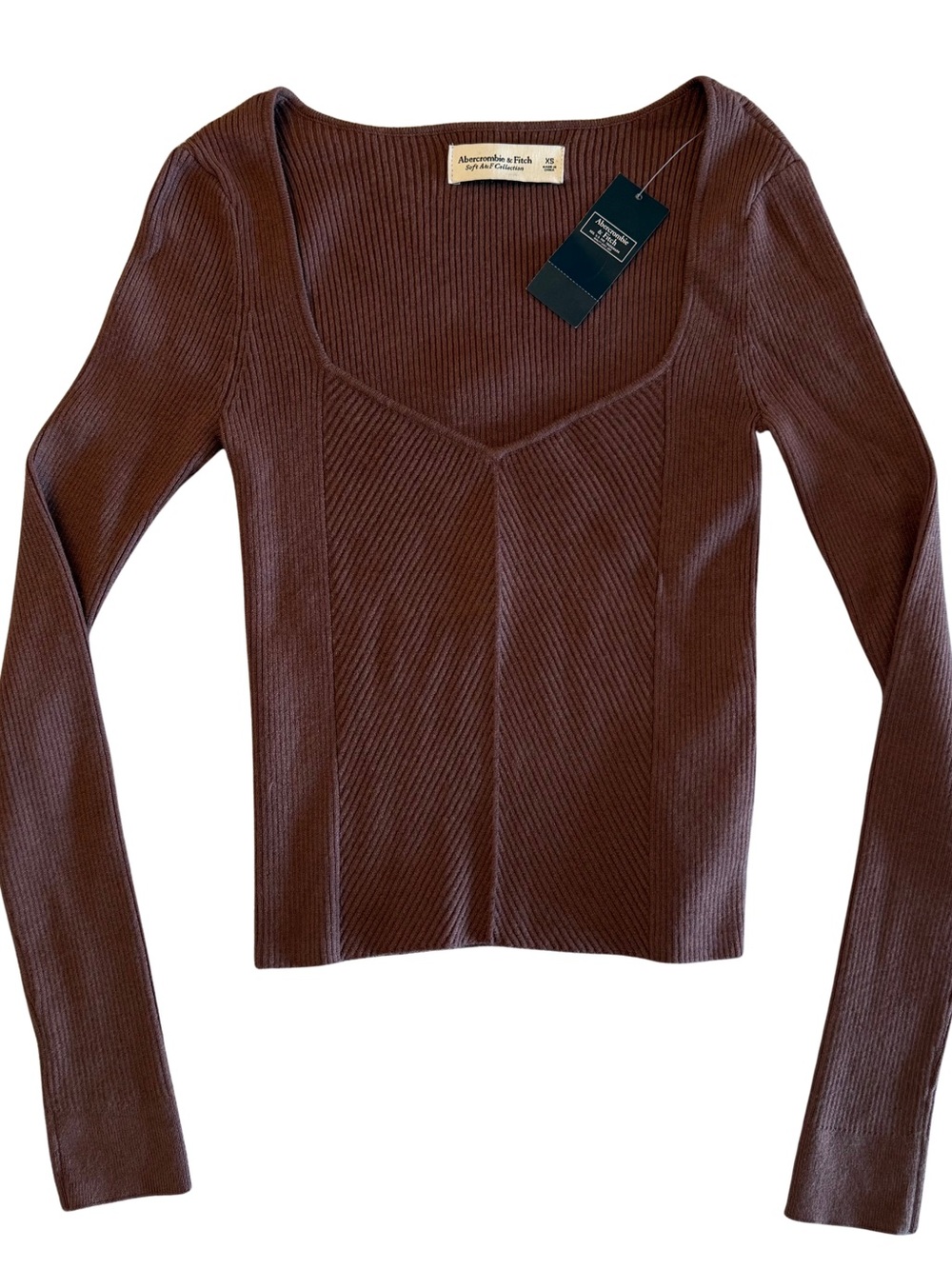 NWT Abercrombie & Fitch Chocolate Brown Ribbed V-Neck Long Sleeve Top